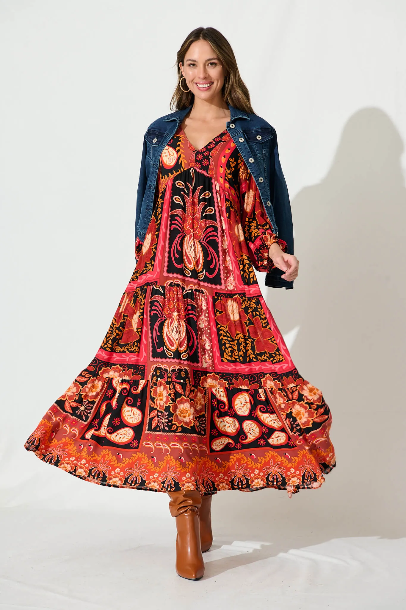 El Mar Maxi Smock Dress In Black With Red Print sold by St Frock product image thumbnail 5