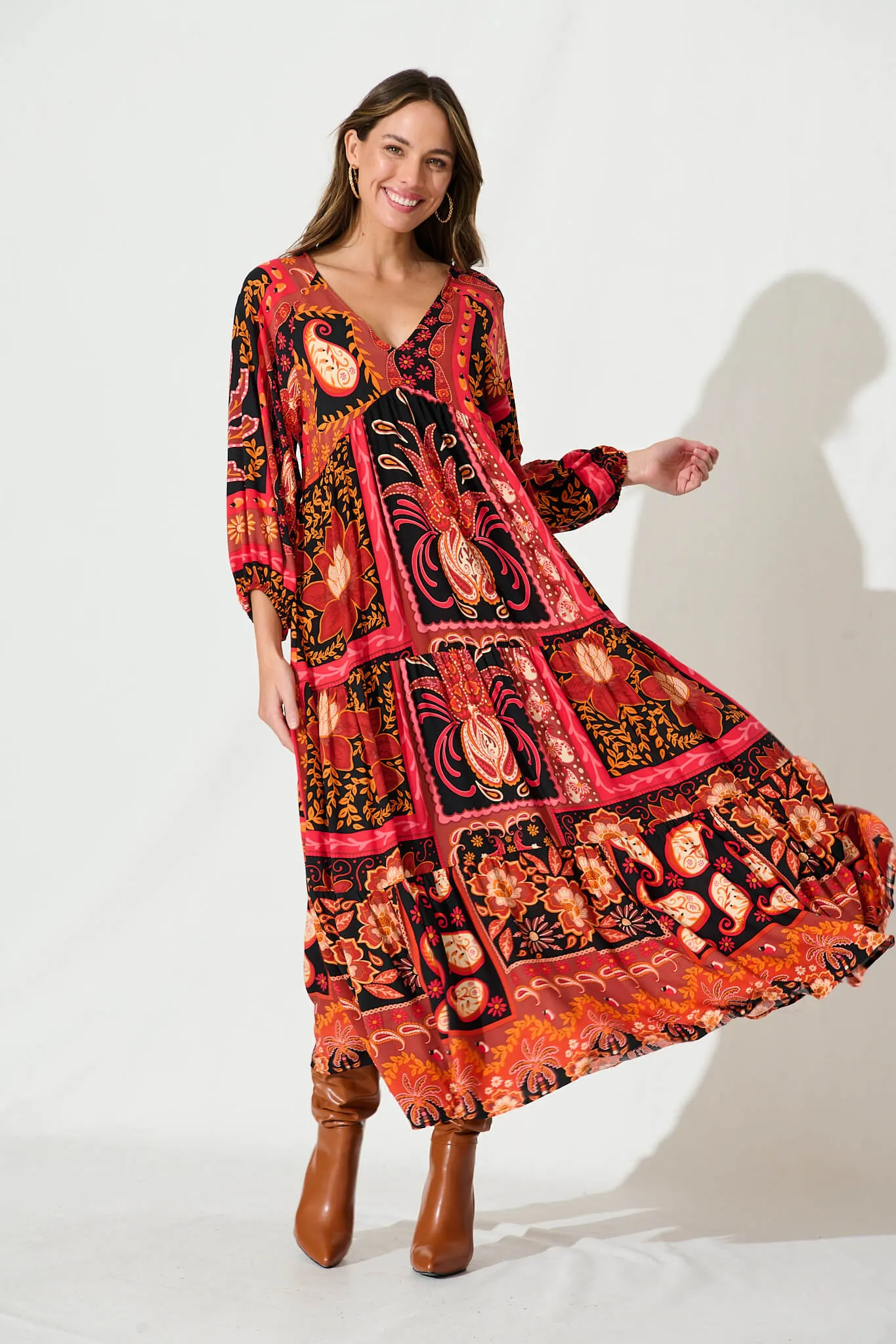 El Mar Maxi Smock Dress In Black With Red Print sold by St Frock