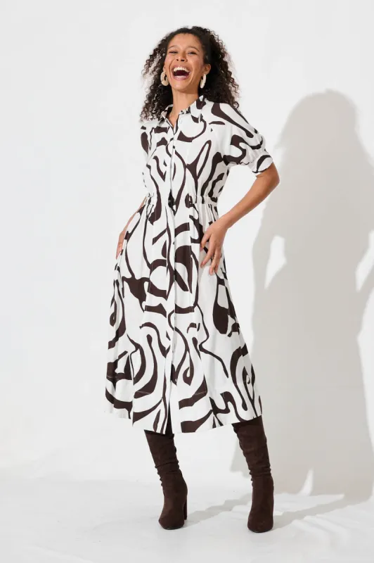 Sheraton Midi Shirt Dress In White With Chocolate Swirl Linen Blend sold by St Frock