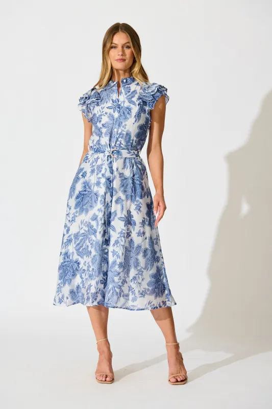 Roseabelle Midi Dress in Blue Leaf Print sold by St Frock
