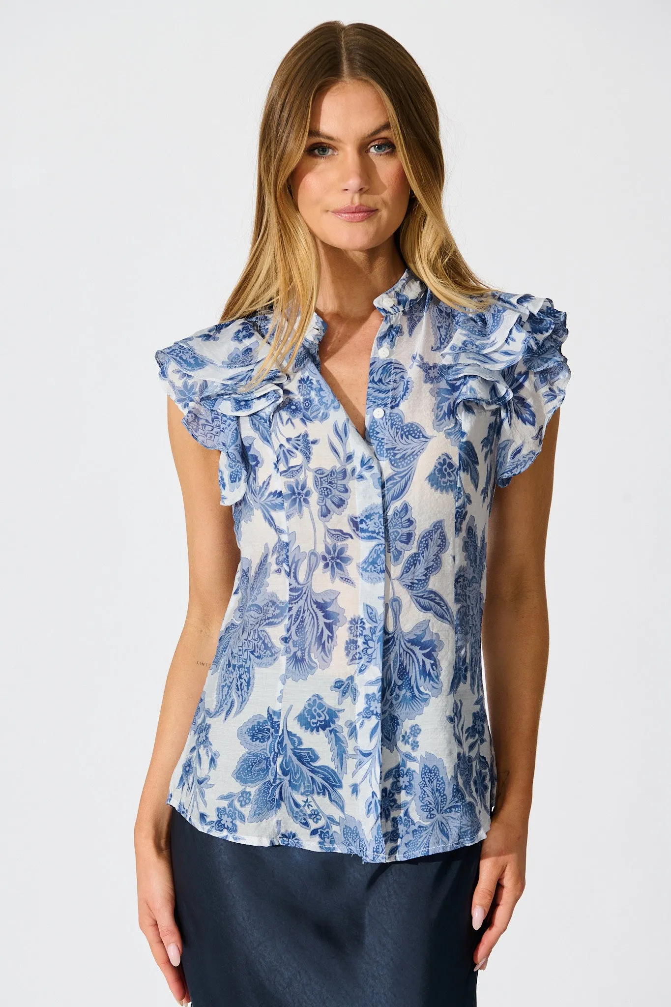 Elodie Top in Blue Leaf Print sold by St Frock