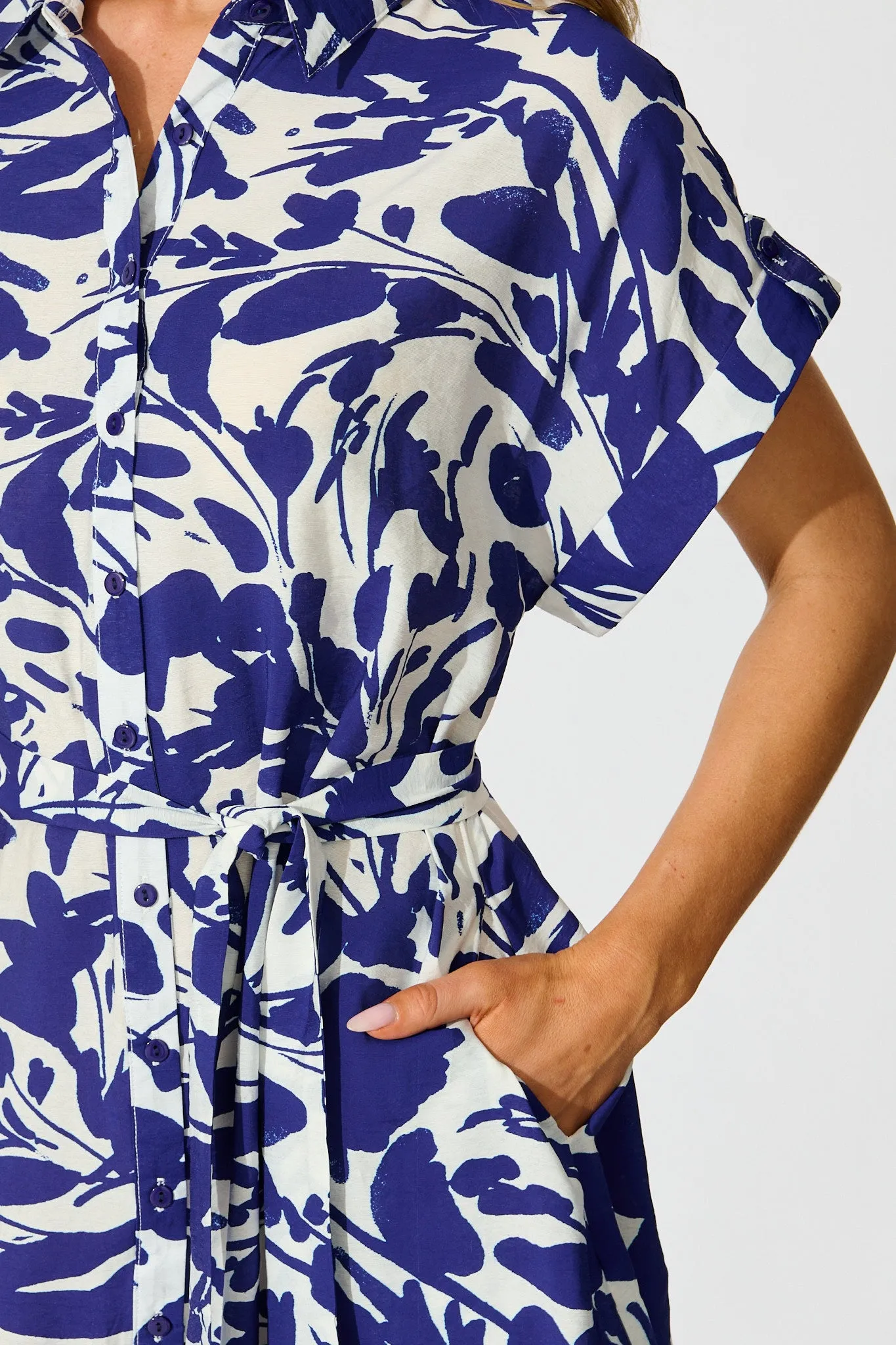 Hartlee Midi Shirt Dress in White and Navy Print Linen Blend sold by St Frock product image thumbnail 5