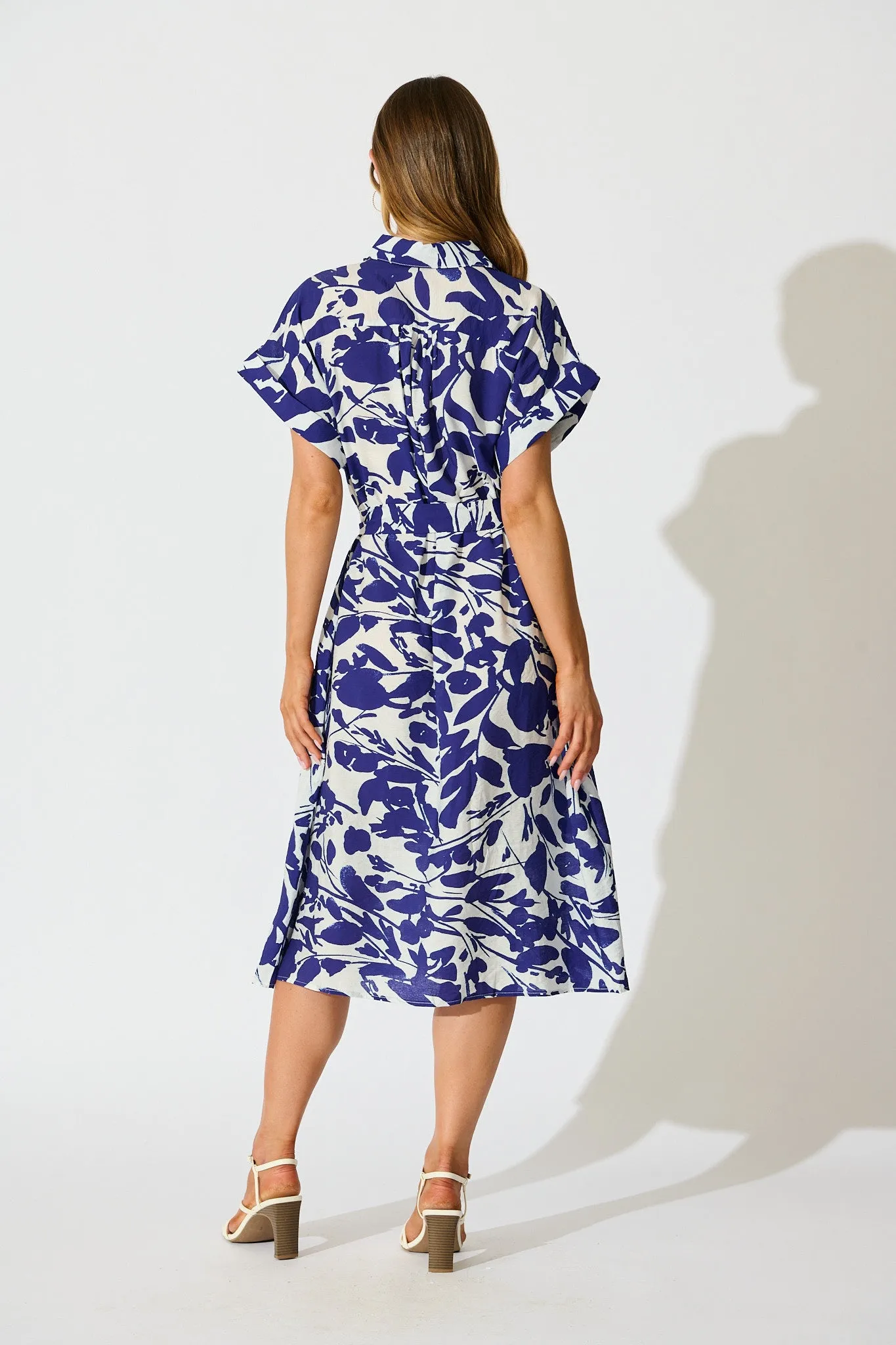 Hartlee Midi Shirt Dress in White and Navy Print Linen Blend sold by St Frock product image thumbnail 4