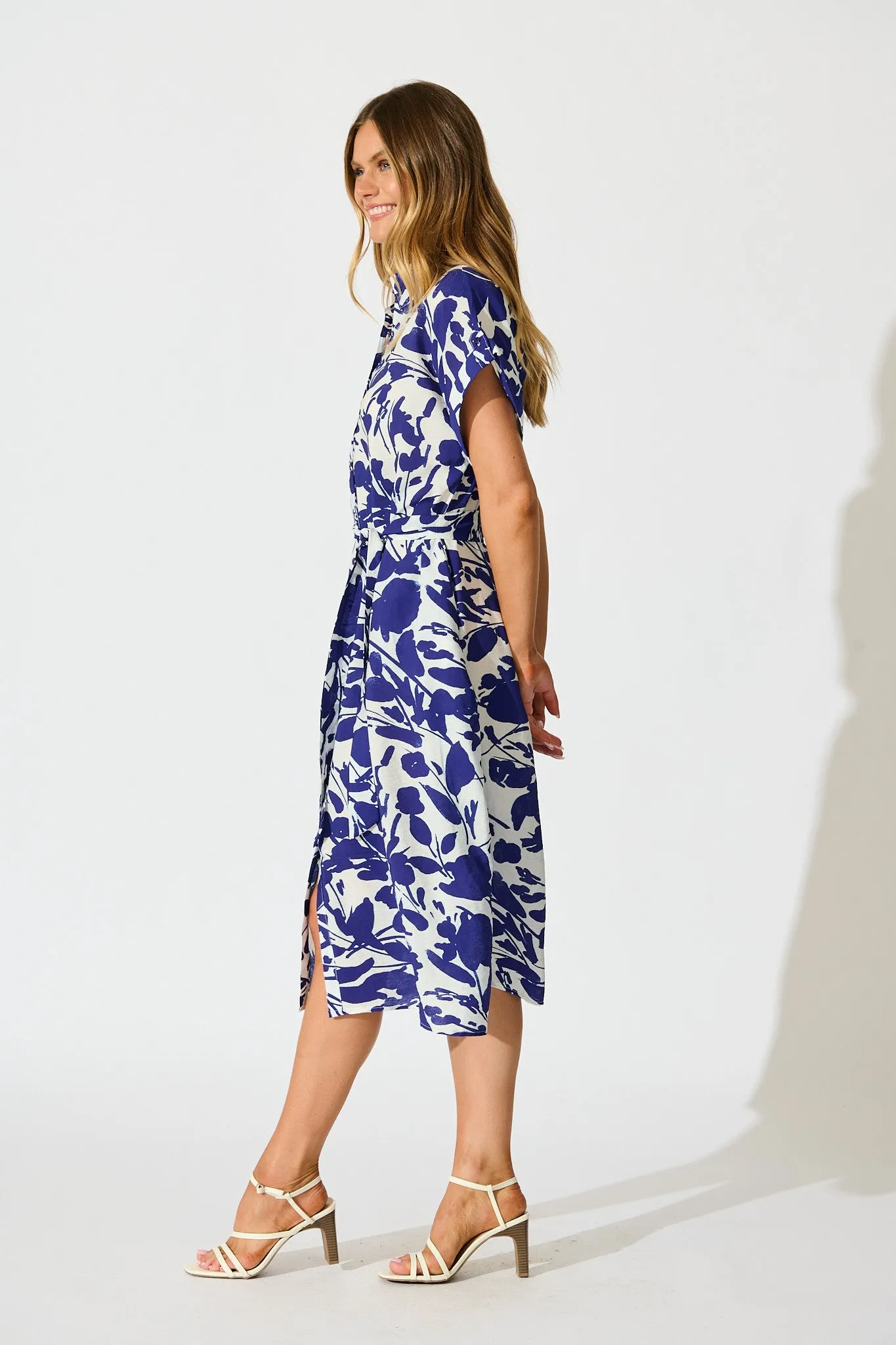Hartlee Midi Shirt Dress in White and Navy Print Linen Blend sold by St Frock product image thumbnail 3