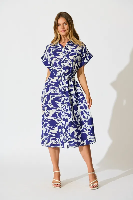 Hartlee Midi Shirt Dress in White and Navy Print Linen Blend sold by St Frock
