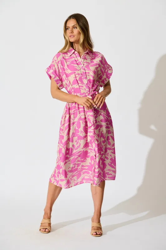 Hartlee Midi Shirt Dress in Cream and Pink Print Linen Blend sold by St Frock