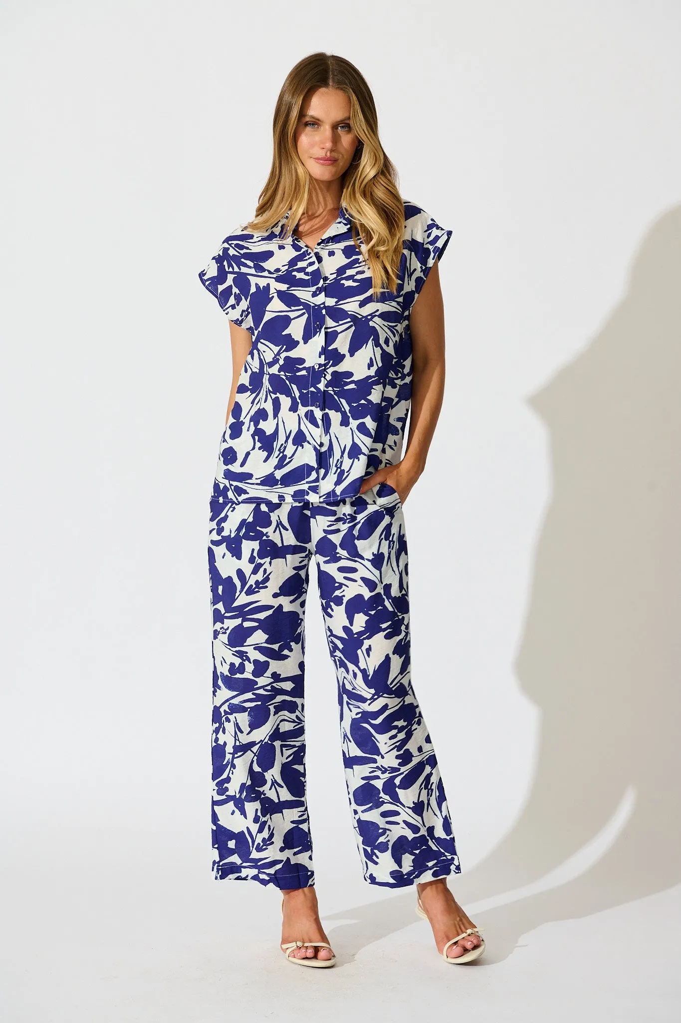 Gala Pant in White and Navy Print Linen Blend sold by St Frock product image thumbnail 5