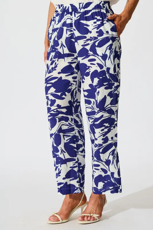 Gala Pant in White and Navy Print Linen Blend sold by St Frock