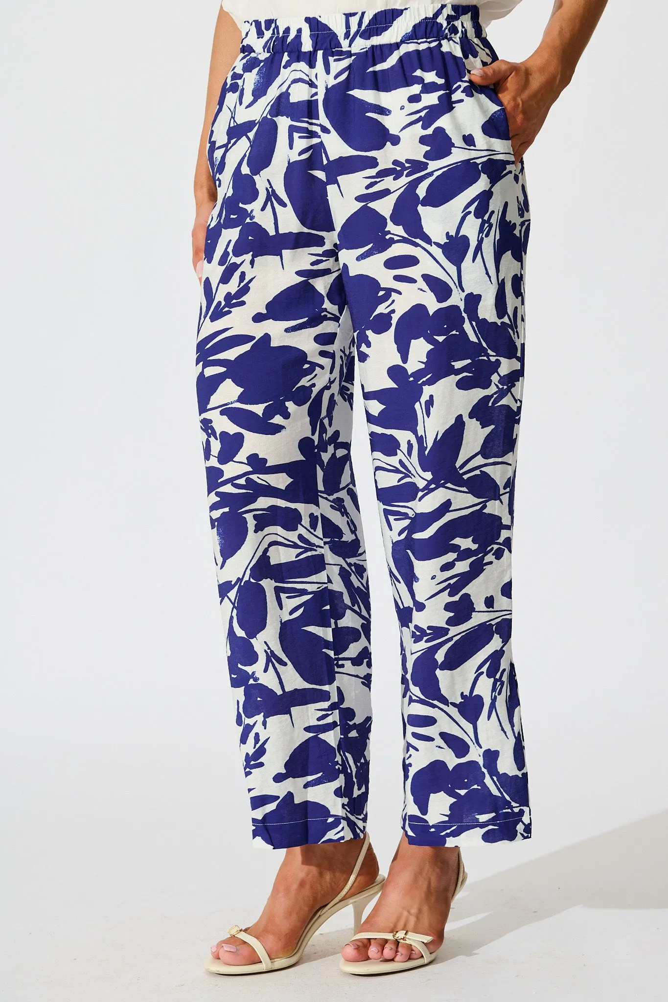 Gala Pant in White and Navy Print Linen Blend sold by St Frock