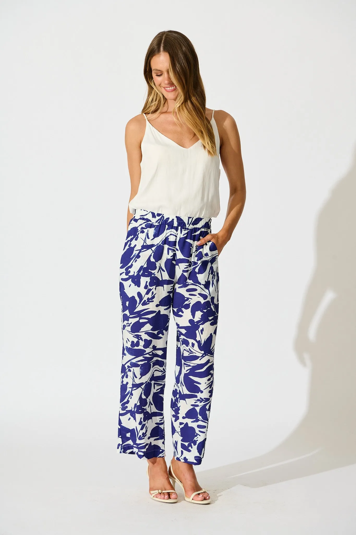 Gala Pant in White and Navy Print Linen Blend sold by St Frock product image thumbnail 4