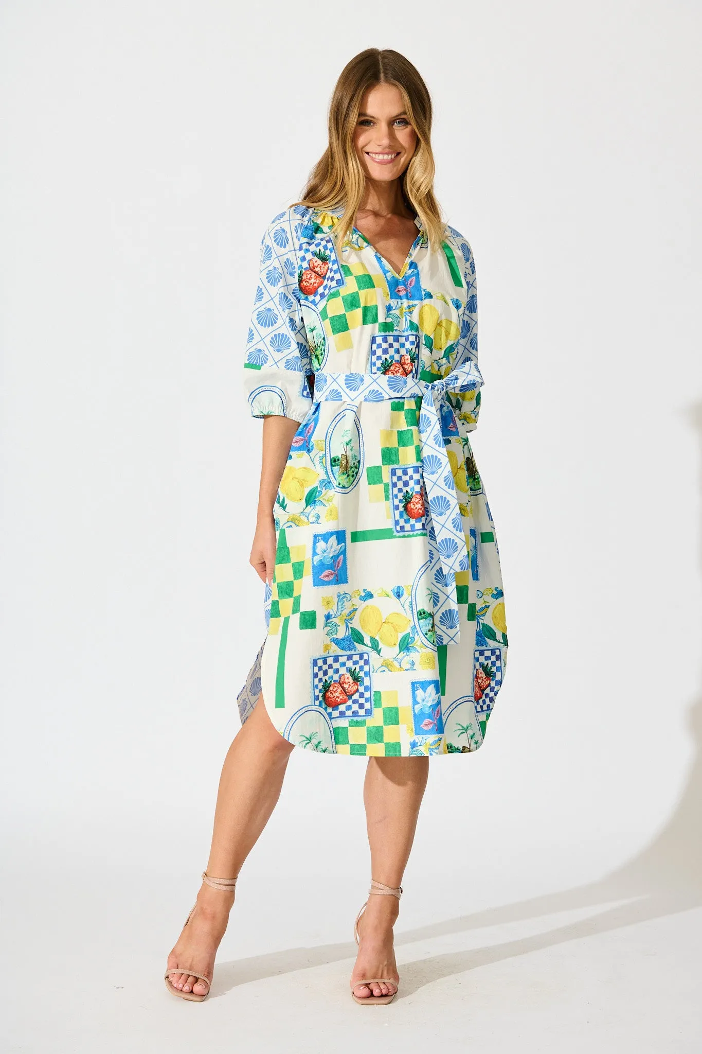 Limoncello Dreams Midi Dress in White Multi Lemon Cotton sold by St Frock
