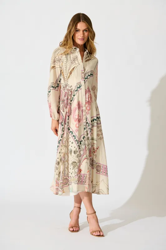 Sylvie Midi Shirt Dress in Cream with Blush Floral sold by St Frock