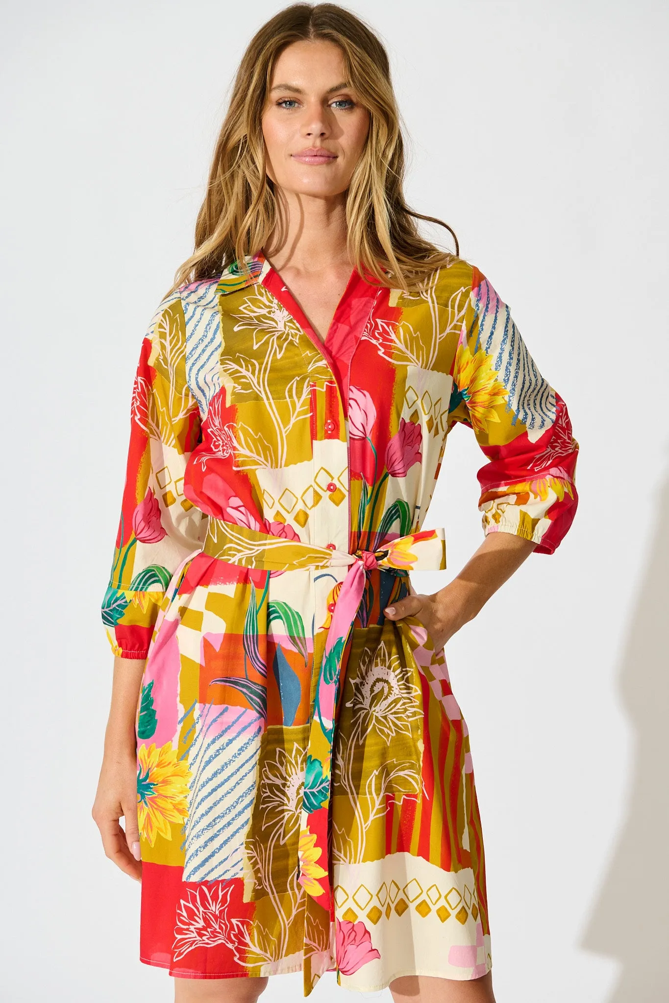 Festival Flora Shirt Dress in Red Multi Floral Cotton sold by St Frock product image thumbnail 2