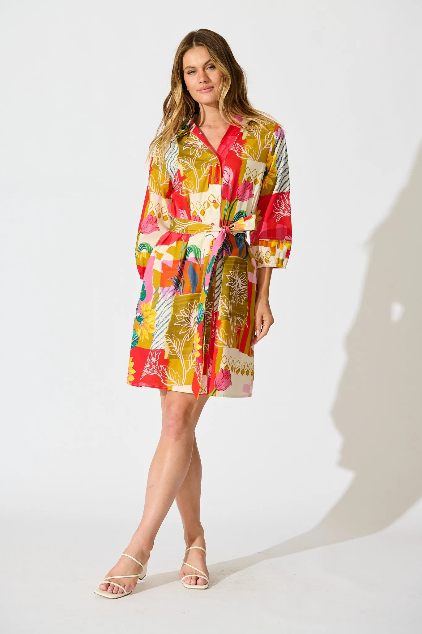 Festival Flora Shirt Dress in Red Multi Floral Cotton sold by St Frock