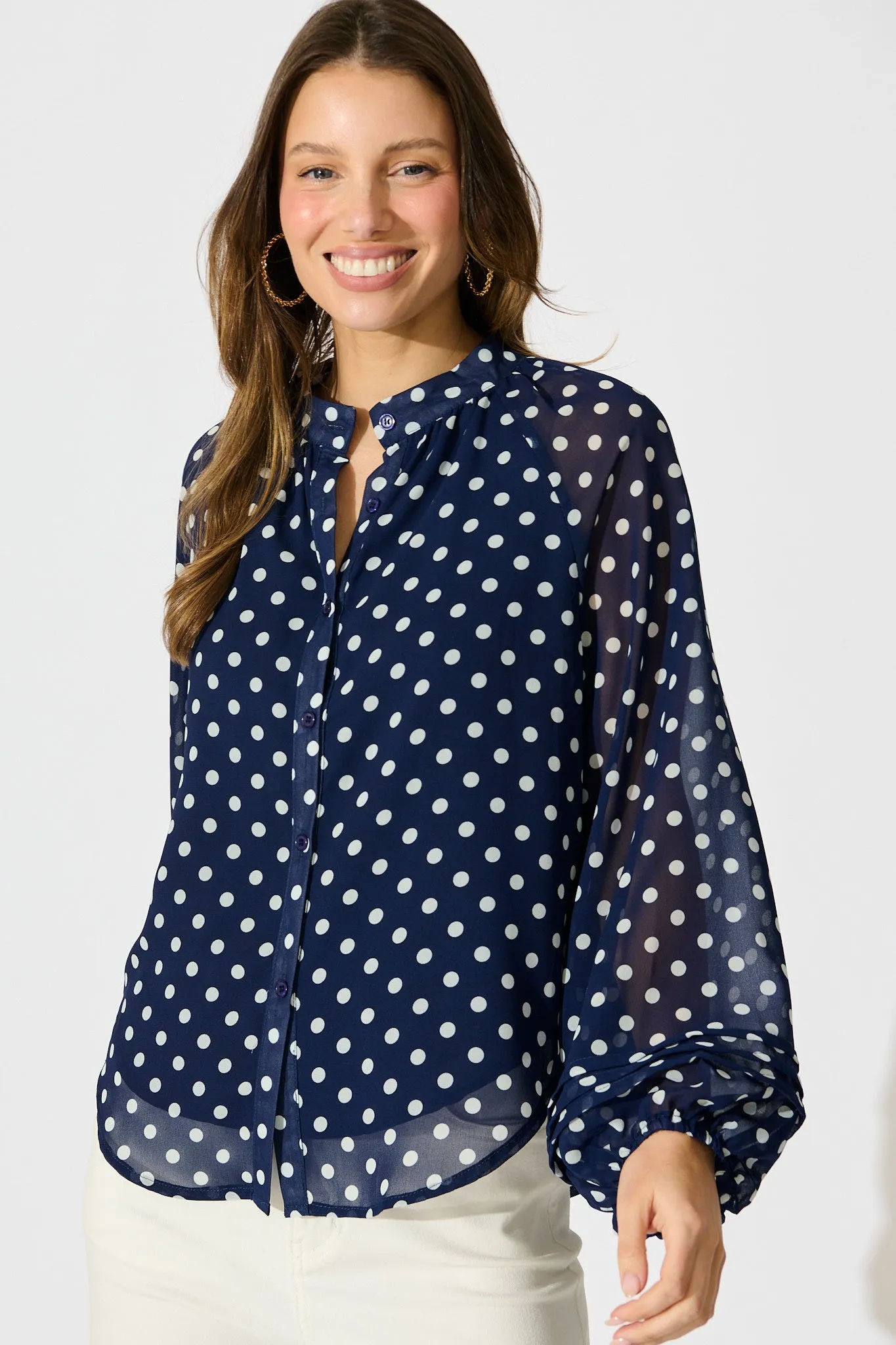 Dotty Days Top in Navy with White Polka Dot Chiffon sold by St Frock
