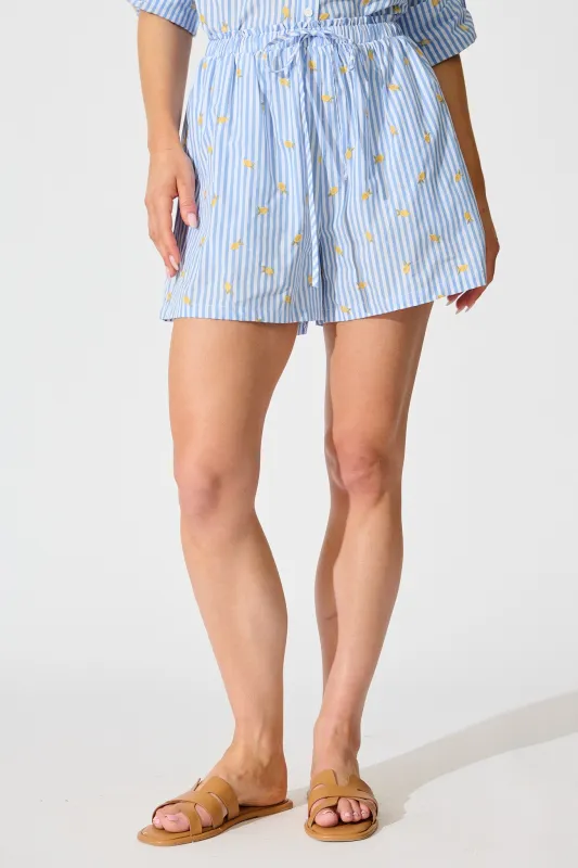 Citrus Soliel Short in Blue Stripe with Lemon Embroidery sold by St Frock
