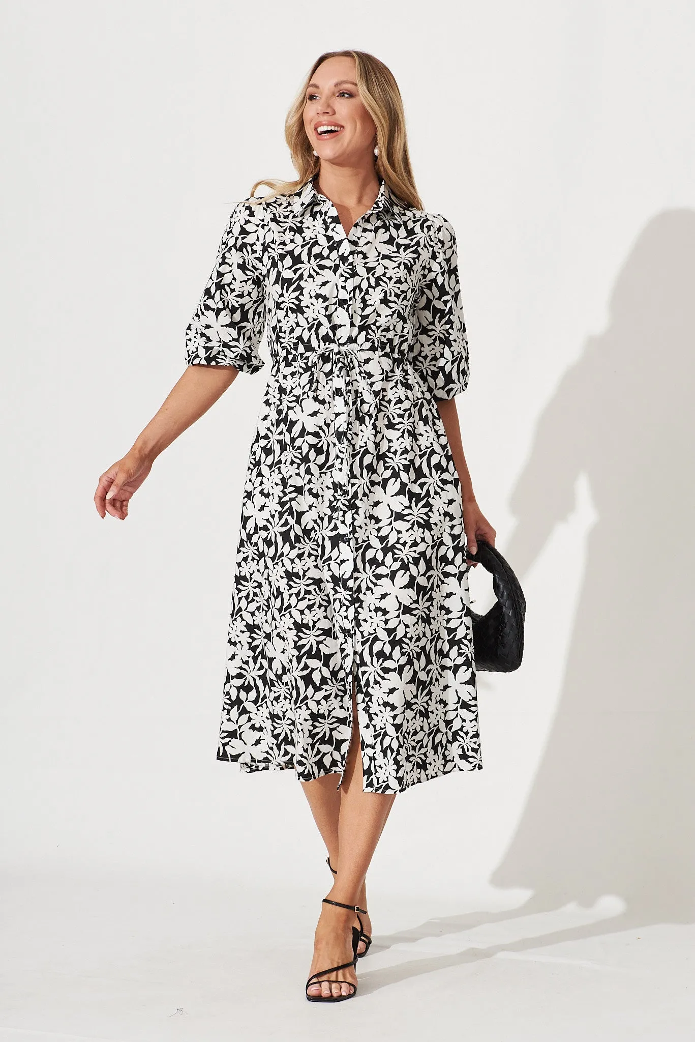 Davina Midi Shirt Dress In Black With White Floral Print Cotton sold by St Frock