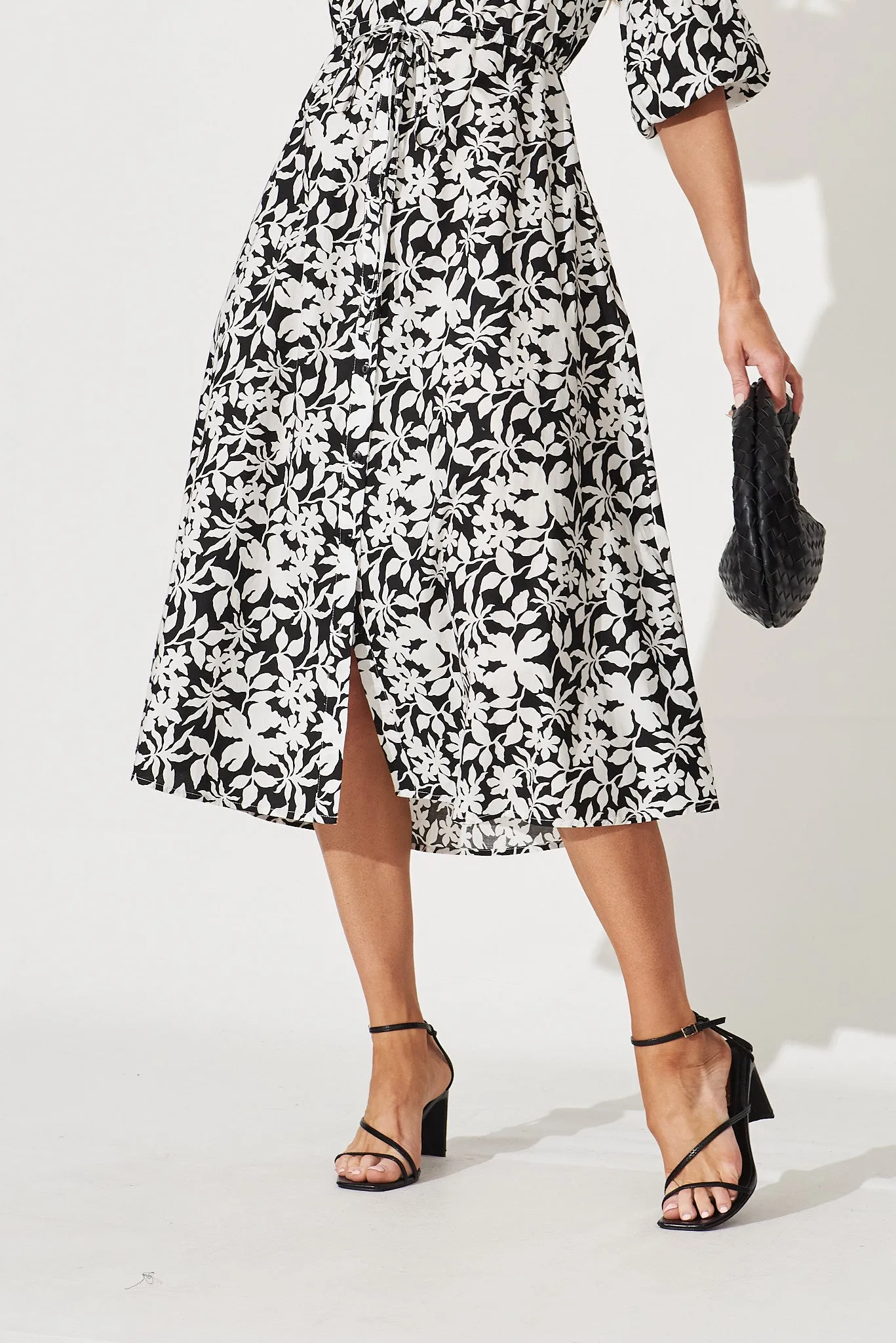 Davina Midi Shirt Dress In Black With White Floral Print Cotton sold by St Frock product image thumbnail 5