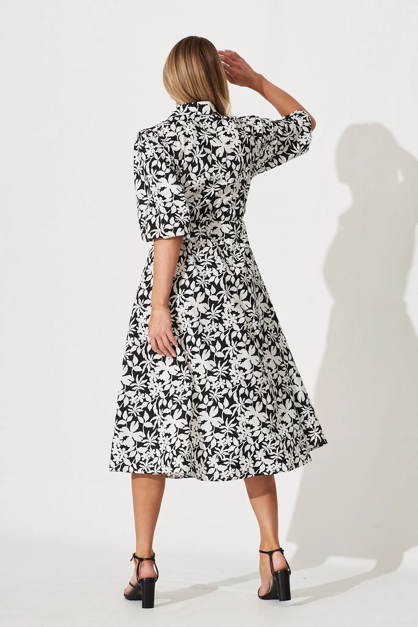 Davina Midi Shirt Dress In Black With White Floral Print Cotton sold by St Frock product image thumbnail 4