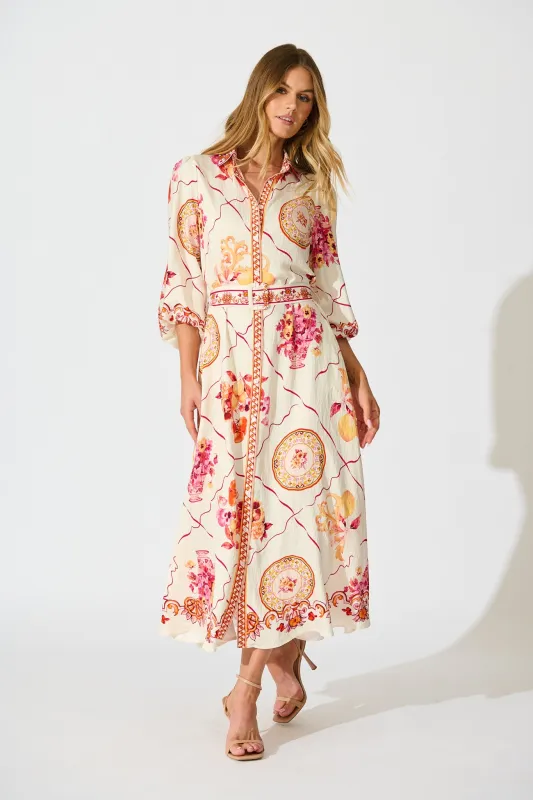 Callidora Maxi Shirt Dress In Pink Floral Print Linen Blend sold by St Frock
