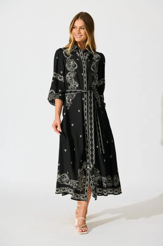 Aurelina Maxi Shirt Dress In Black Print Linen Blend sold by St Frock
