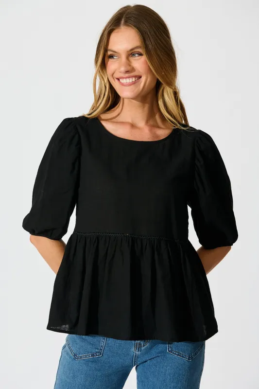 Stacy Top in Black Cotton Linen sold by St Frock