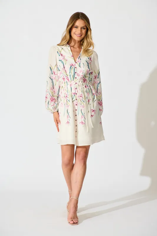 Elle Dress In White With Pink Floral Linen Blend sold by St Frock