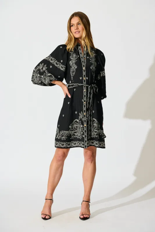 Aveline Shirt Dress In Black Print Linen Blend sold by St Frock