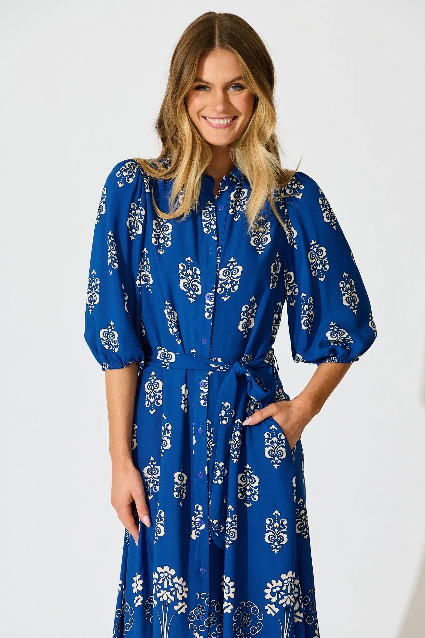 Coco Maxi Shirt Dress In Blue Print sold by St Frock product image thumbnail 2