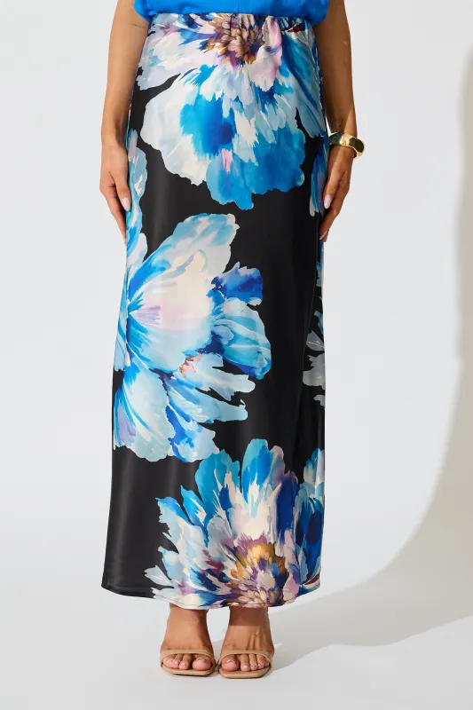 Nightshade Bouquet Maxi Skirt in Black with Blue Floral Satin sold by St Frock