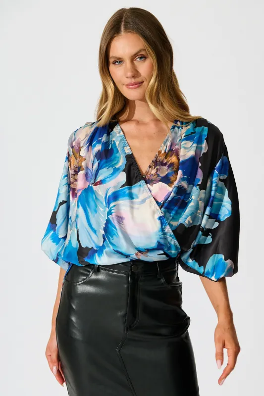 Solita Top in Black with Blue Floral Satin sold by St Frock