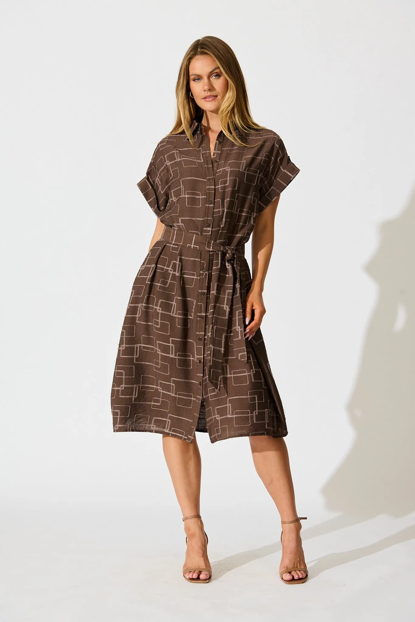 Hartlee Midi Shirt Dress in Brown Embroidery Linen Blend sold by St Frock