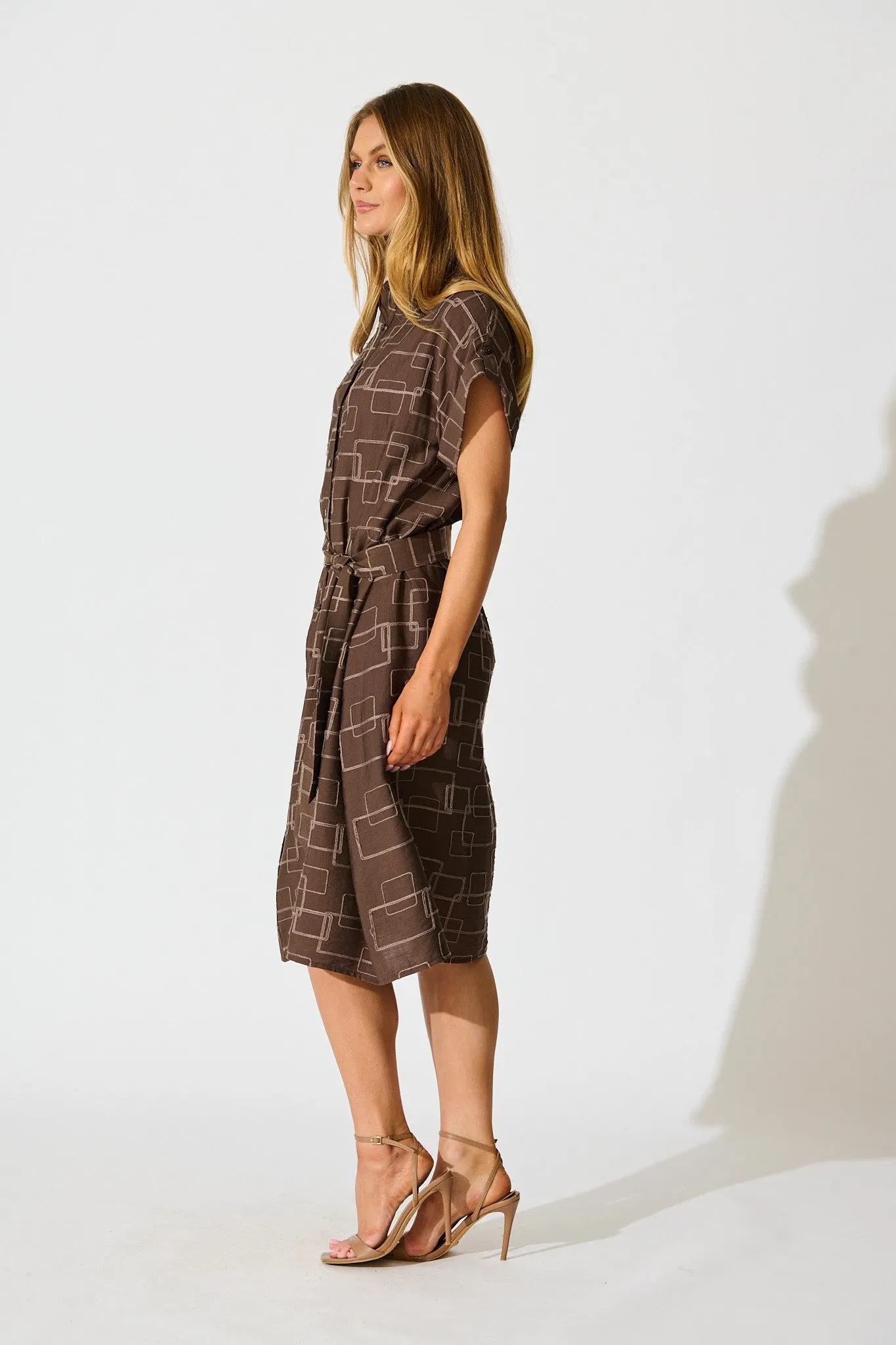 Hartlee Midi Shirt Dress in Brown Embroidery Linen Blend sold by St Frock product image thumbnail 3