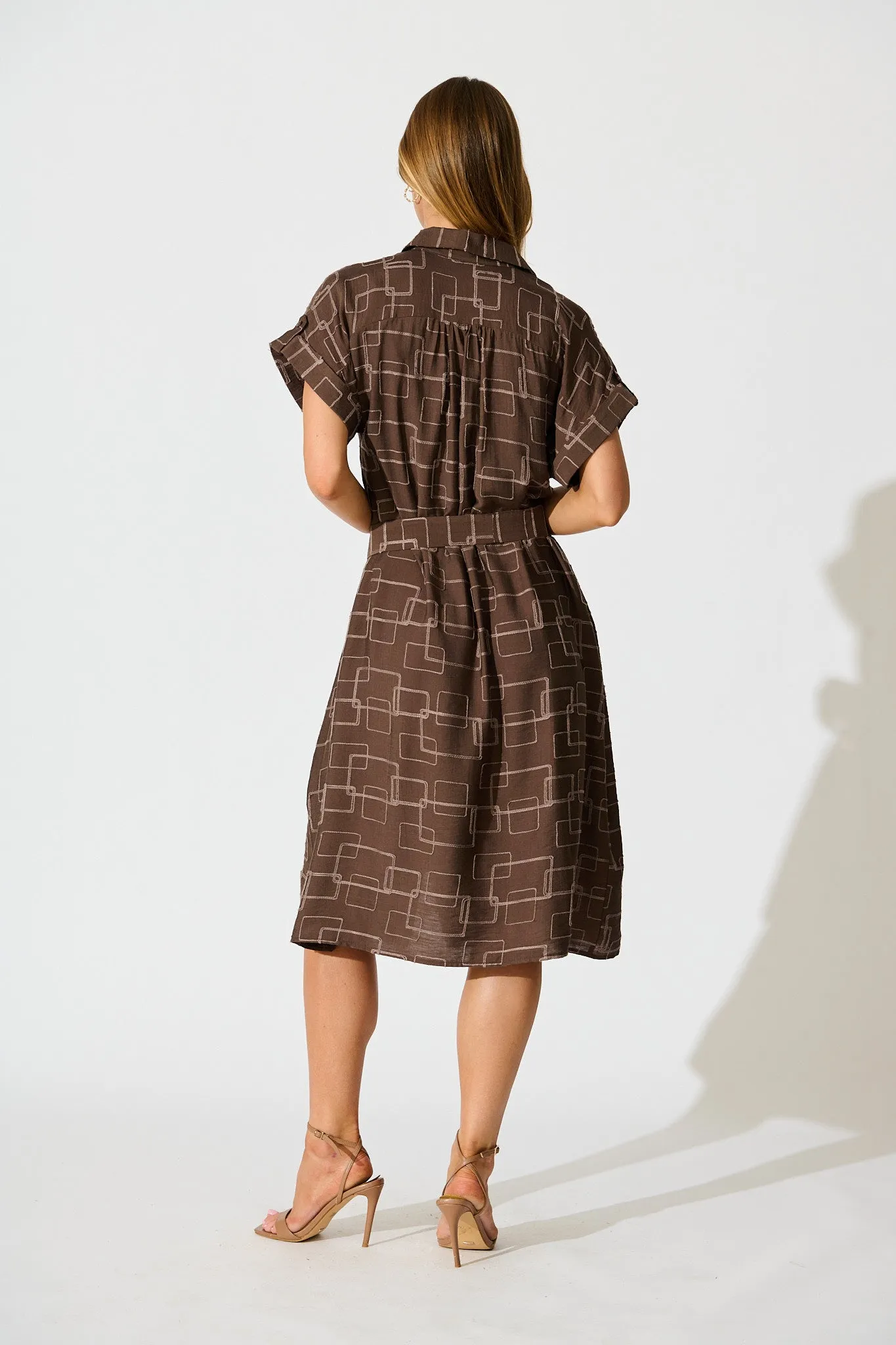 Hartlee Midi Shirt Dress in Brown Embroidery Linen Blend sold by St Frock product image thumbnail 4