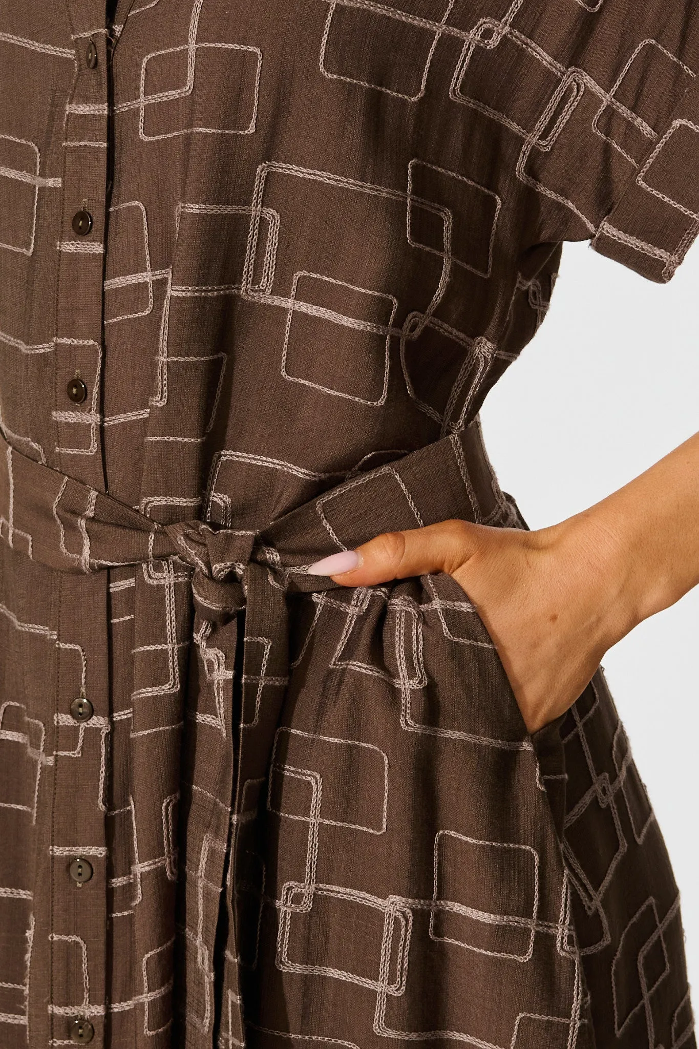 Hartlee Midi Shirt Dress in Brown Embroidery Linen Blend sold by St Frock product image thumbnail 5