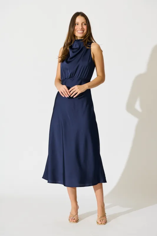 Vision of Love Midi Dress in Navy Satin sold by St Frock