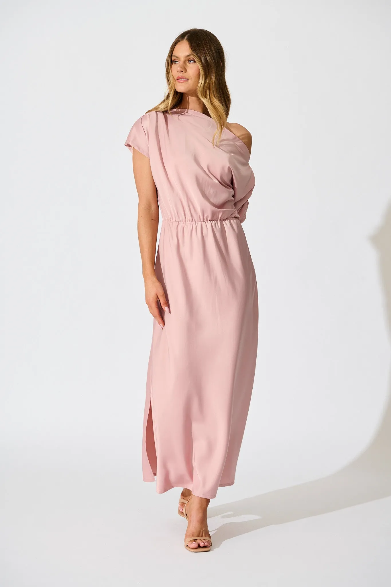 Forever And Always Maxi Off Shoulder Dress in Blush Satin sold by St Frock product image thumbnail 4