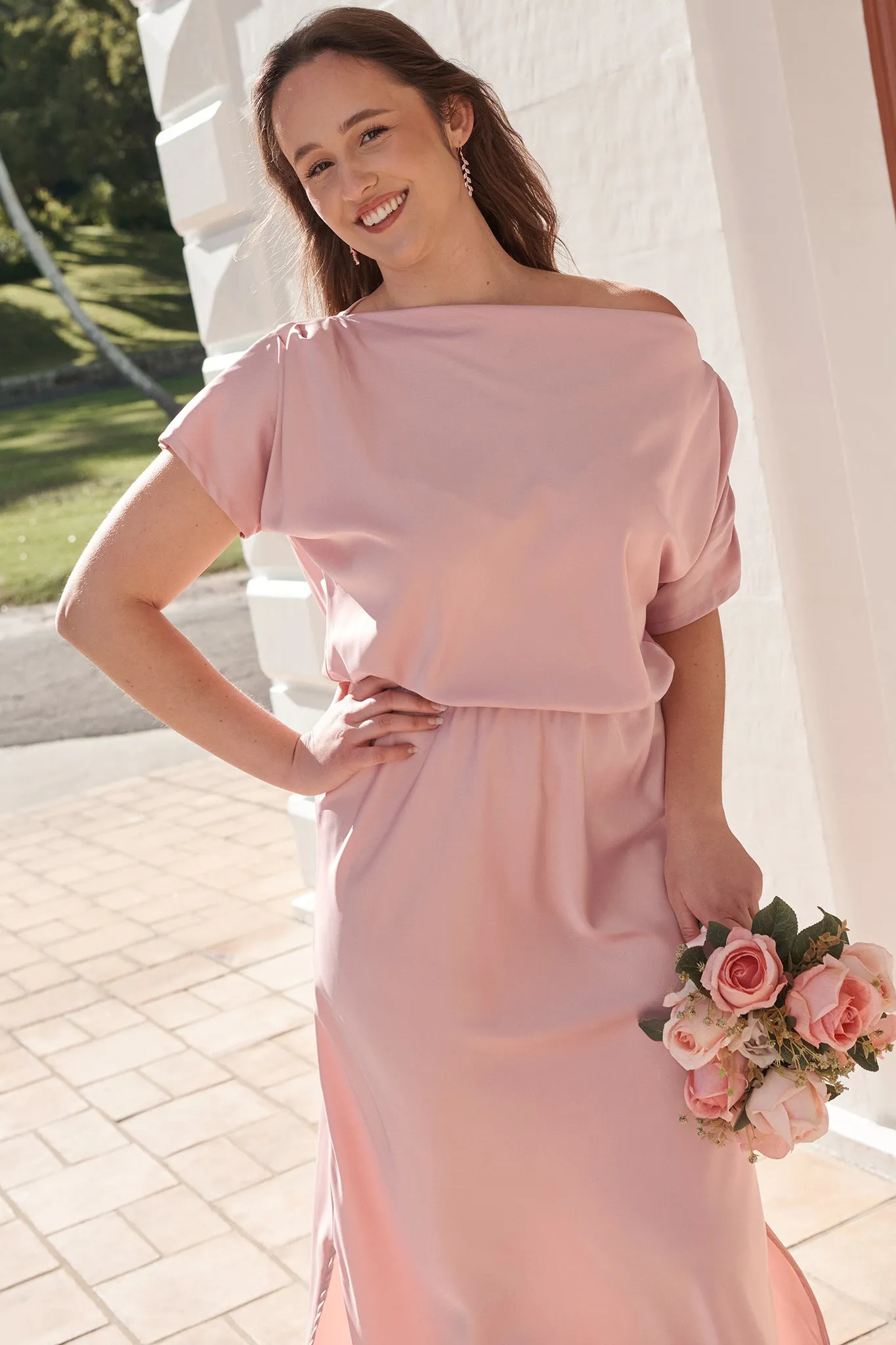 Forever And Always Maxi Off Shoulder Dress in Blush Satin sold by St Frock product image thumbnail 2