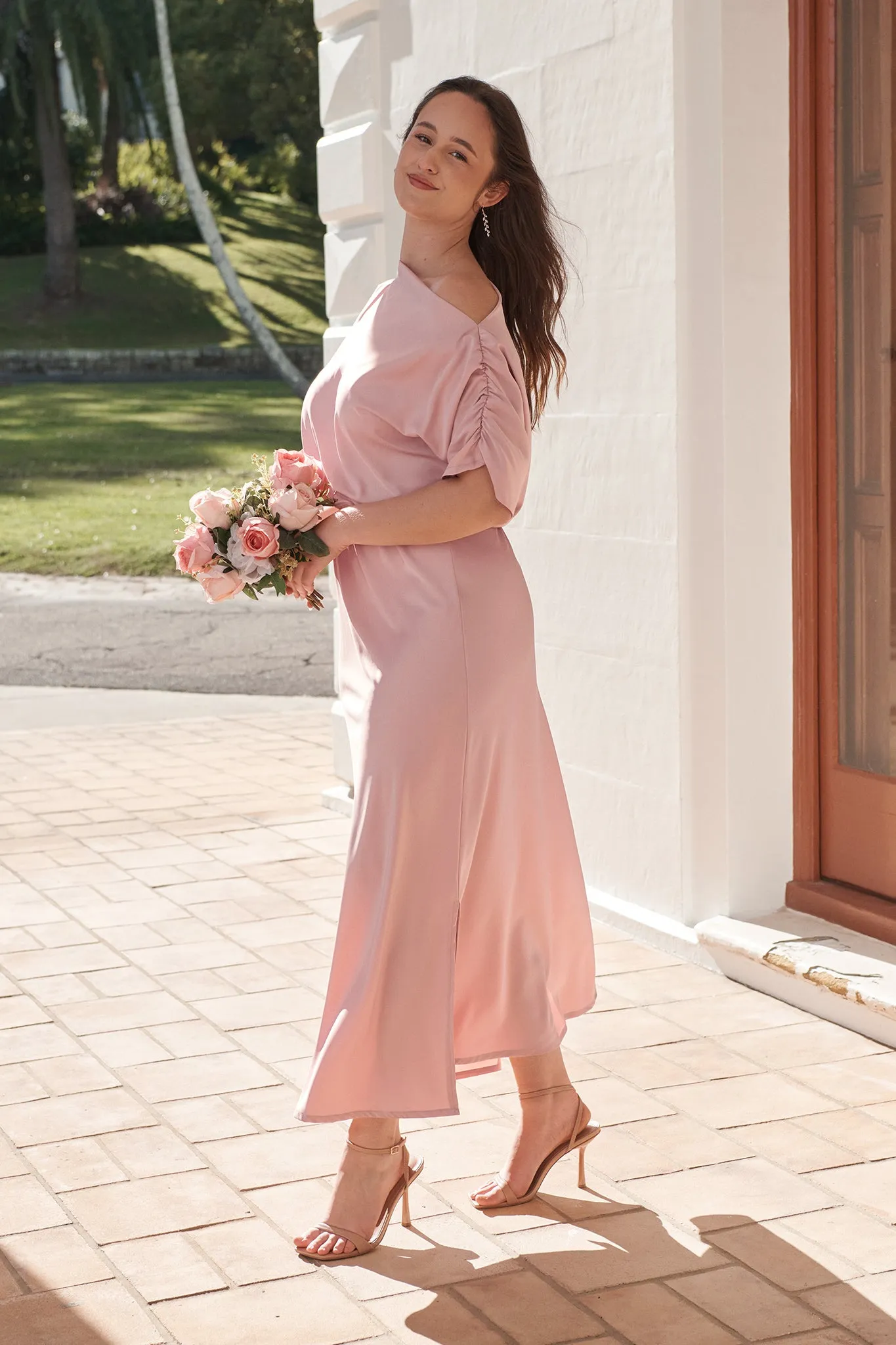 Forever And Always Maxi Off Shoulder Dress in Blush Satin sold by St Frock product image thumbnail 5