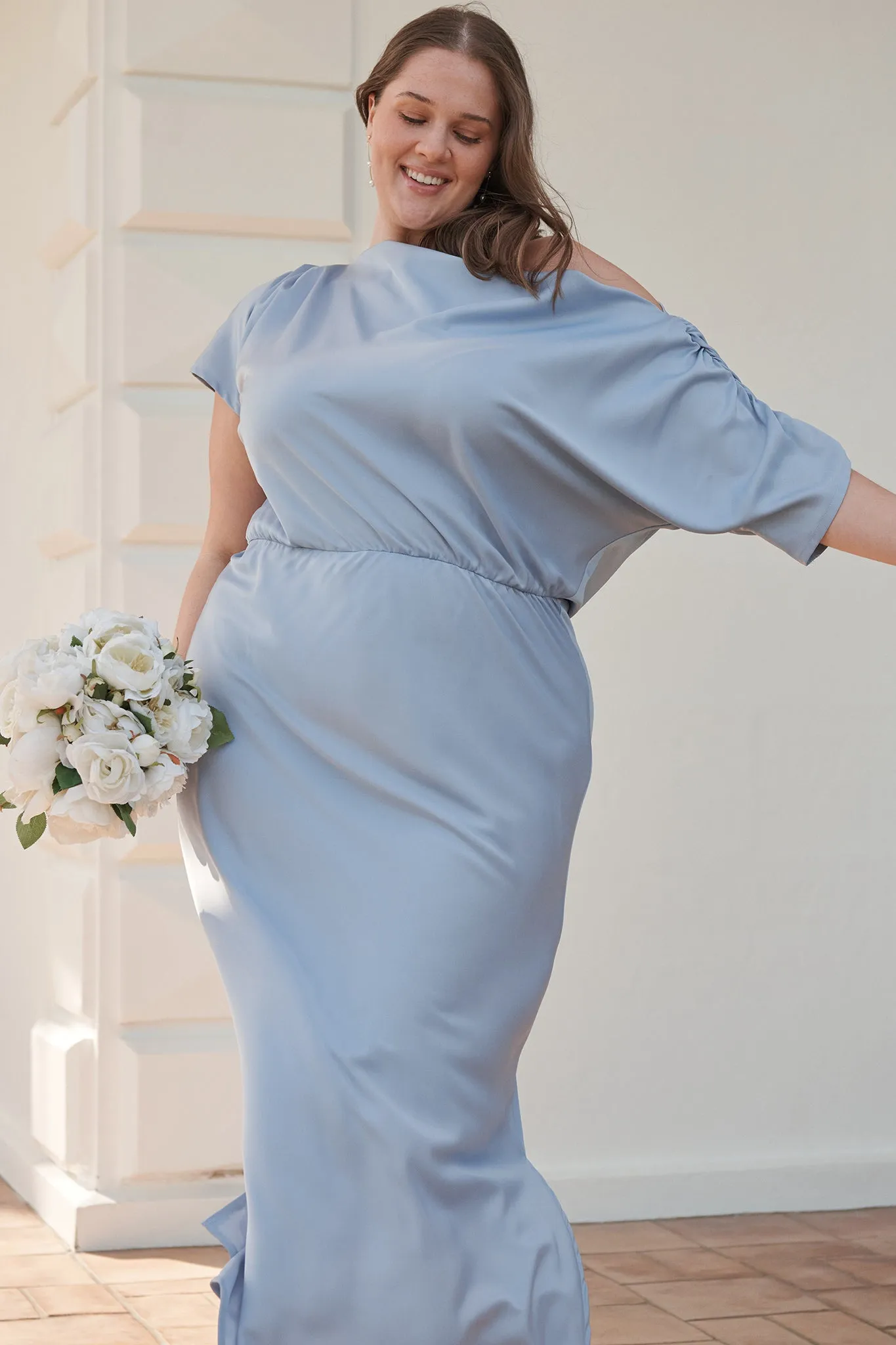 Forever And Always Maxi Off Shoulder Dress in Ice Blue Satin sold by St Frock product image thumbnail 2