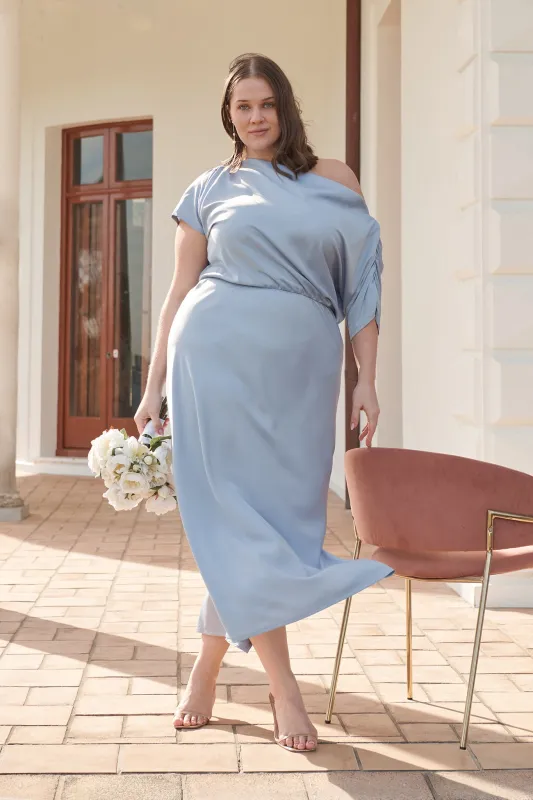 Forever And Always Maxi Off Shoulder Dress in Ice Blue Satin sold by St Frock
