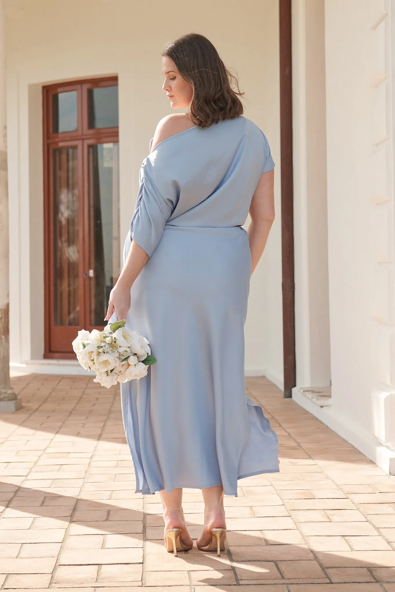 Forever And Always Maxi Off Shoulder Dress in Ice Blue Satin sold by St Frock product image thumbnail 5