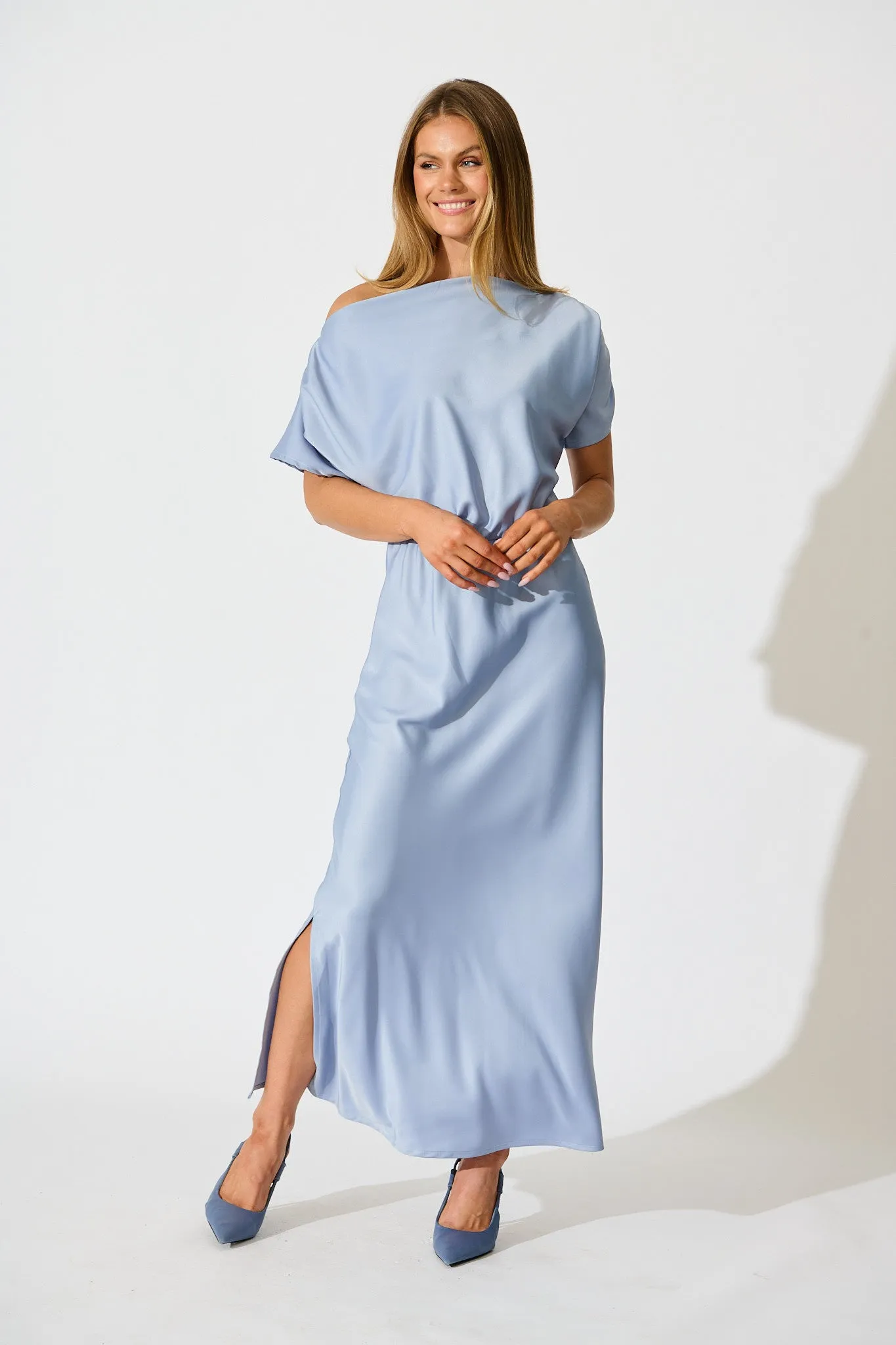 Forever And Always Maxi Off Shoulder Dress in Ice Blue Satin sold by St Frock product image thumbnail 3