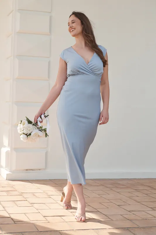 Elegant Devotion Maxi Dress in Ice Blue Satin sold by St Frock