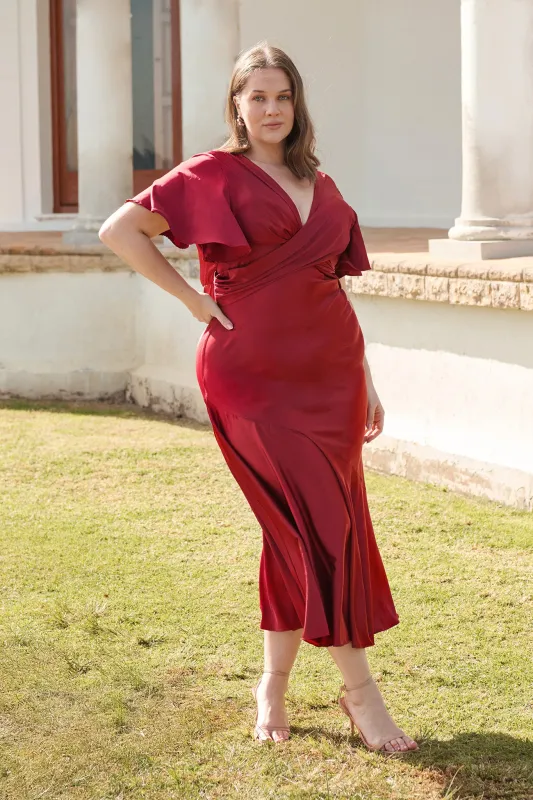 Sunset Serenade Maxi Dress in Wine Satin sold by St Frock