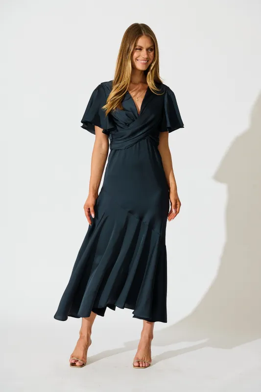 Sunset Serenade Maxi Dress in Navy Satin sold by St Frock