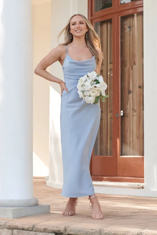 Timeless Whispers Maxi Dress in Ice Blue Satin sold by St Frock