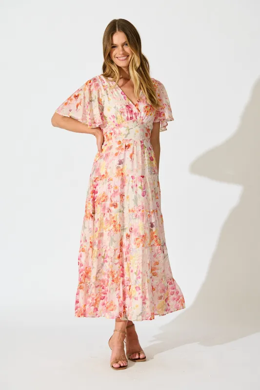 Pastel Symphony Maxi Dress in White with Multi Blush Floral sold by St Frock