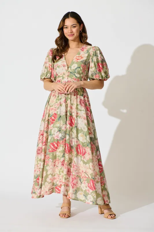 Botanical Romance Maxi Dress in Sage with Blush Floral sold by St Frock