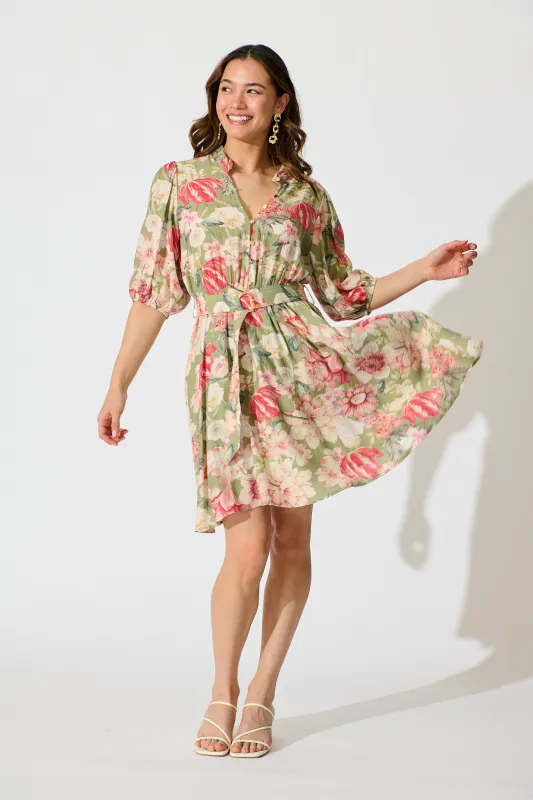 Vintage Blossom Dress in Sage with Blush Floral sold by St Frock